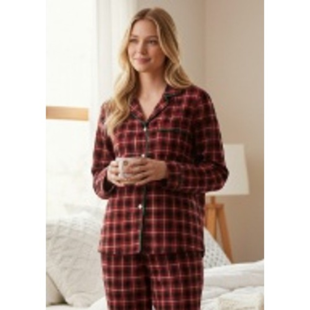 Lands End Pajama Top Women's Plus 3X 24W-26W Red Plaid Cotton New NWT